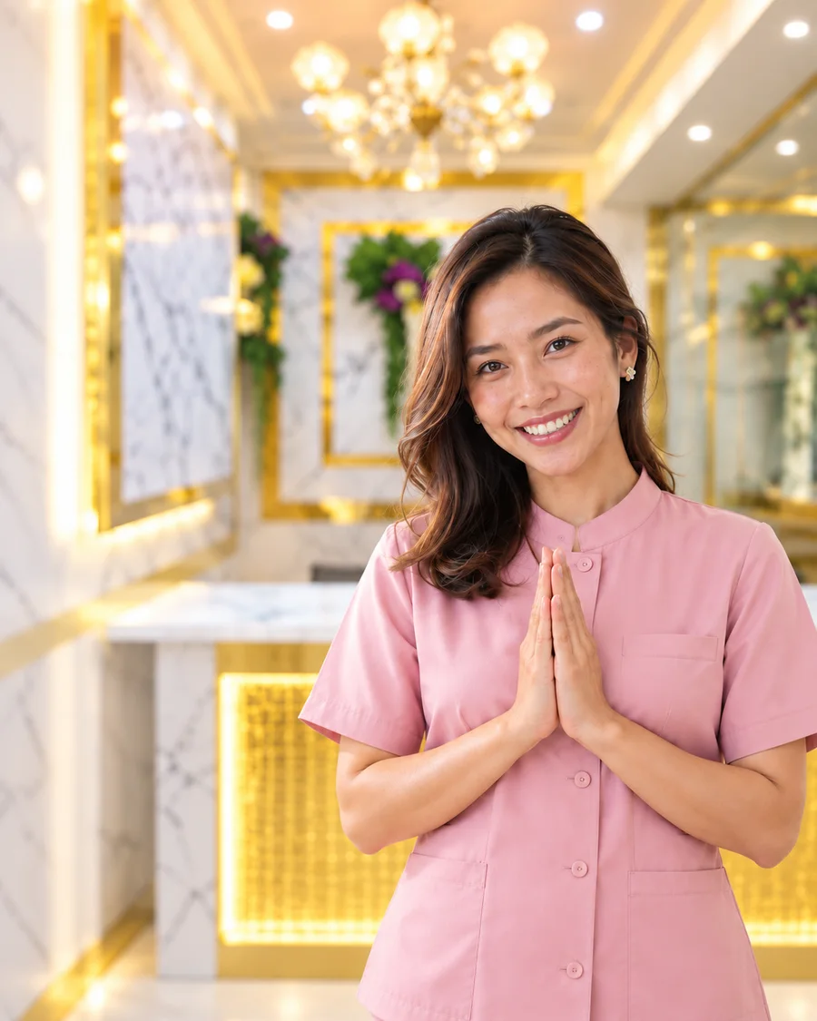 Smiling clinic receptionist greeting visitors with a Thai wai at the marble reception desk