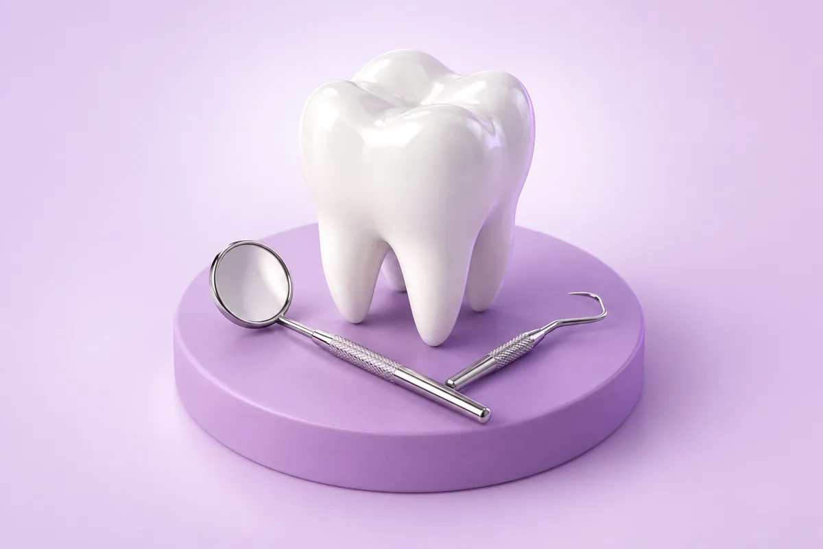 Illustration of a clean tooth with a dental mirror and scaler
