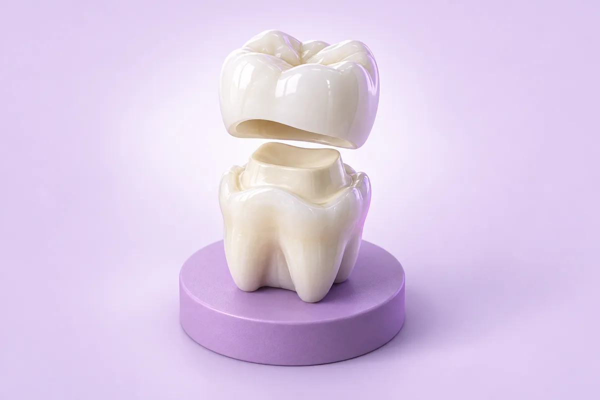 Illustration of a ceramic crown fitting onto a tooth