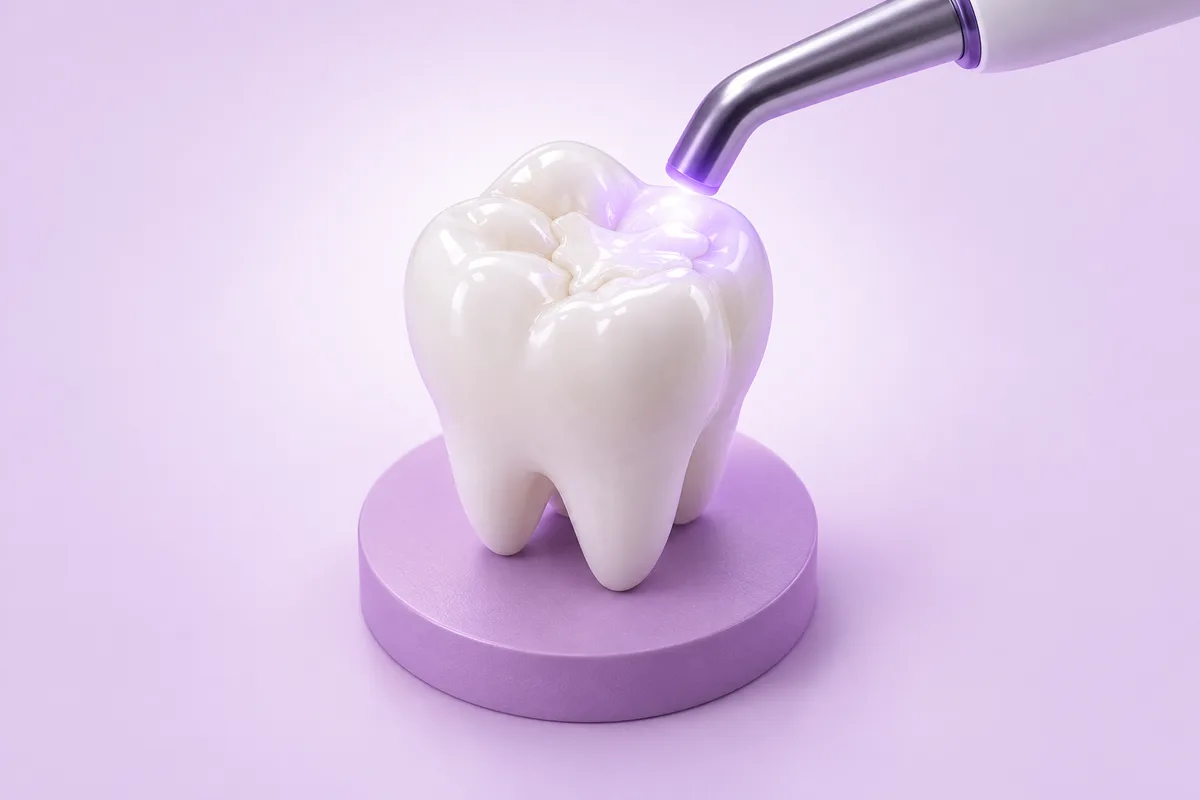 Illustration of a tooth-coloured filling being light-cured