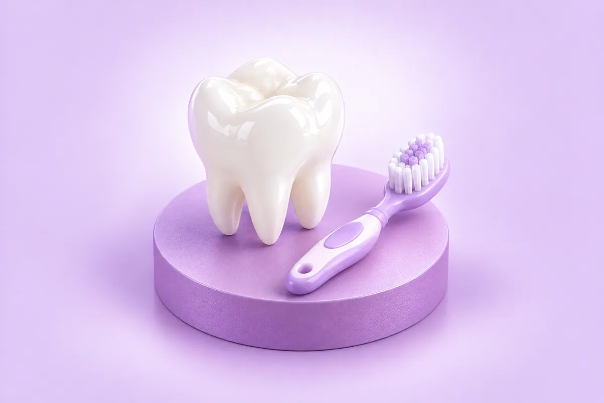 Illustration of a baby tooth with a small toothbrush