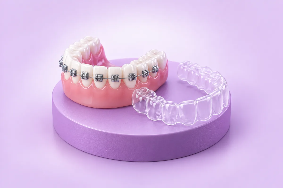 Illustration of braces and a clear aligner