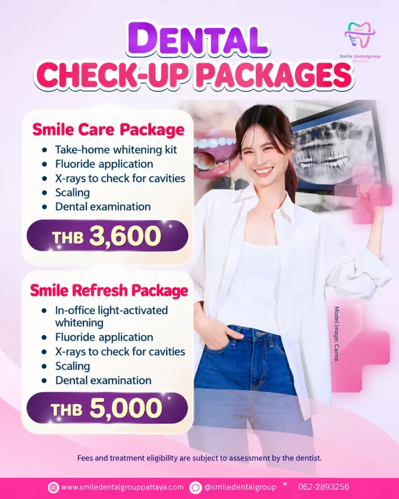 Dental check-up packages: Smile Care THB 3,600 and Smile Refresh THB 5,000